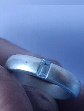 Brushed Sterling Silver 925 Light Blue Topaz Rectangle Stone Thick Band Ring GUC